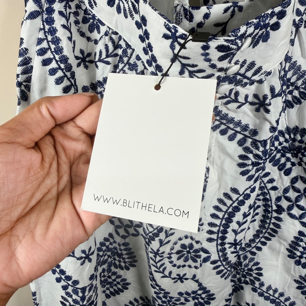 Blithe Los Angeles White Navy Blue Embroidered Wide Leg Jumpsuit Small NWT - Picture 5 of 8